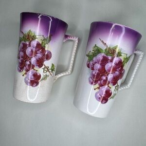 Elegant Vintage porcelain mugs hand painted Purple Grape Design.